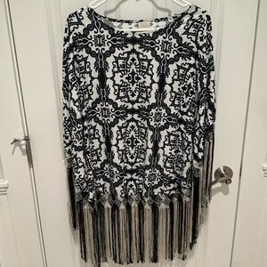 Chico’s Black & White Poncho With Fringe